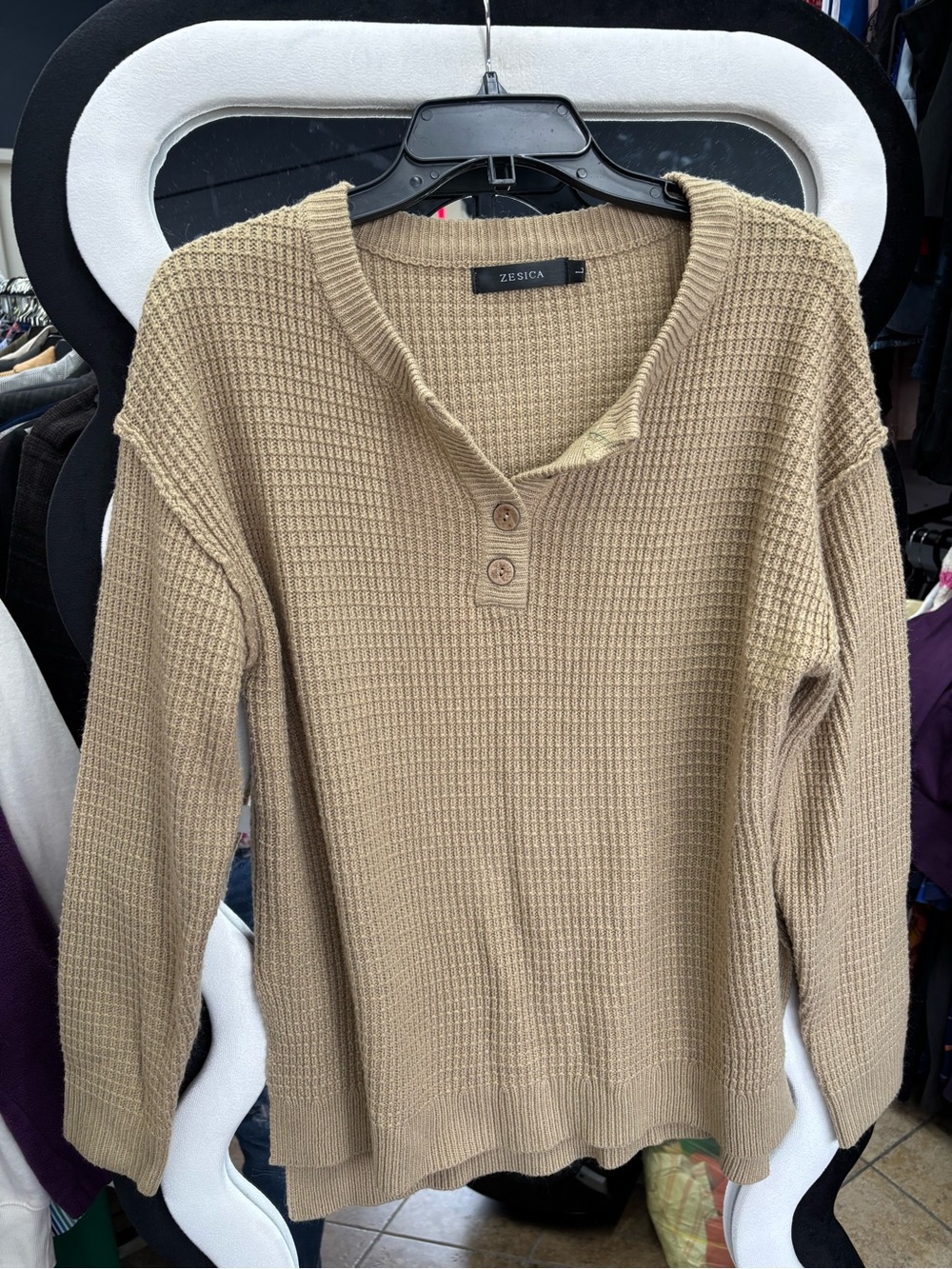 ZESICA,Women's Tan Waffle-Knit Henley Sweater